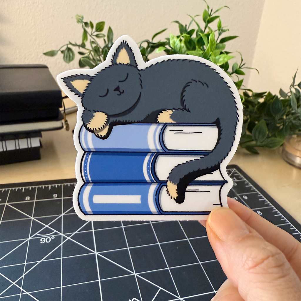 Cat on Books Vinyl Sticker Waterproof 3" X 2.99"
