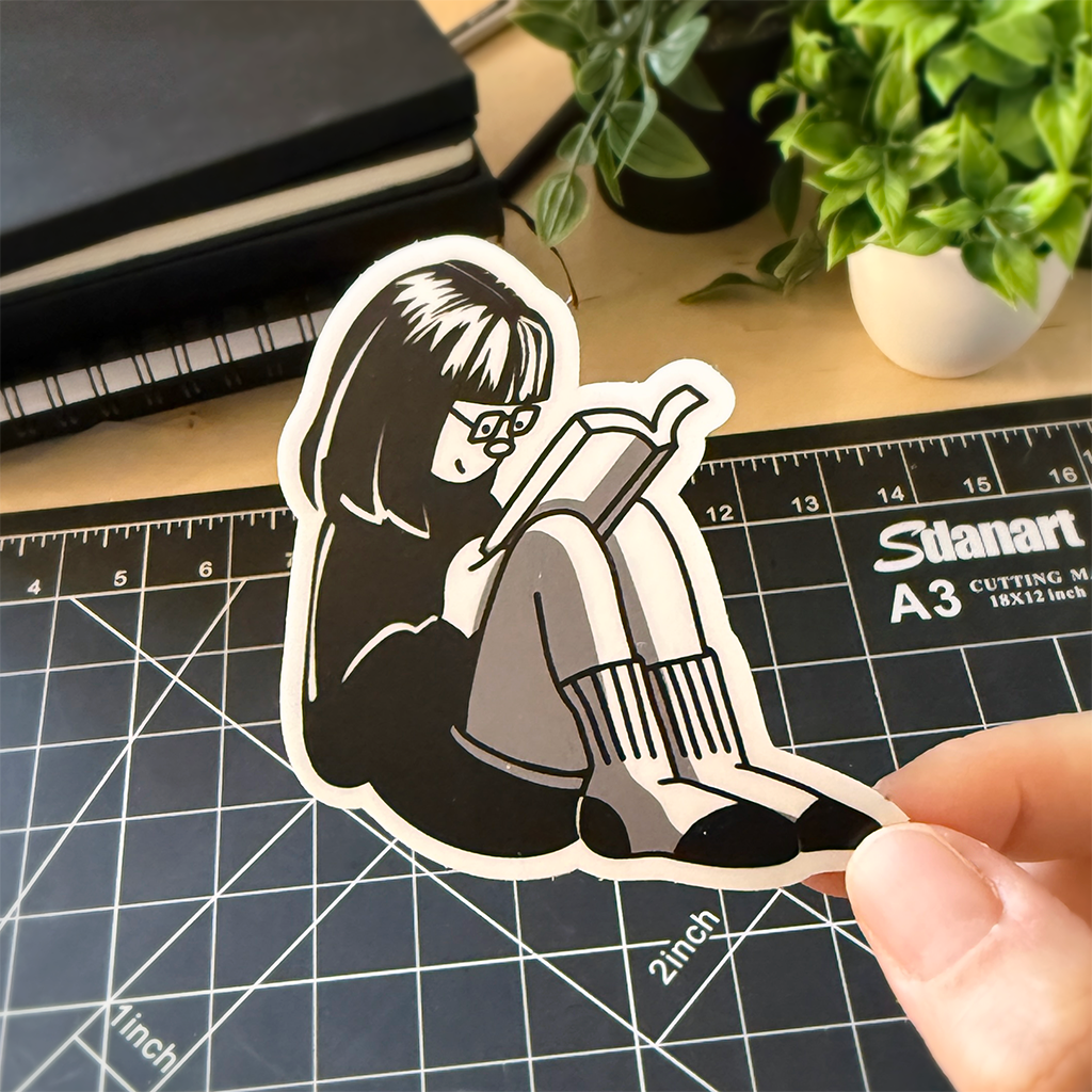 Girl Sitting Reading Vinyl Sticker Waterproof 2.7" X 3"