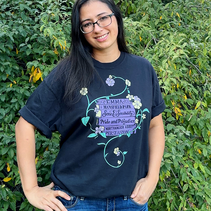 Jane Austen Book Stack T-Shirt Purple