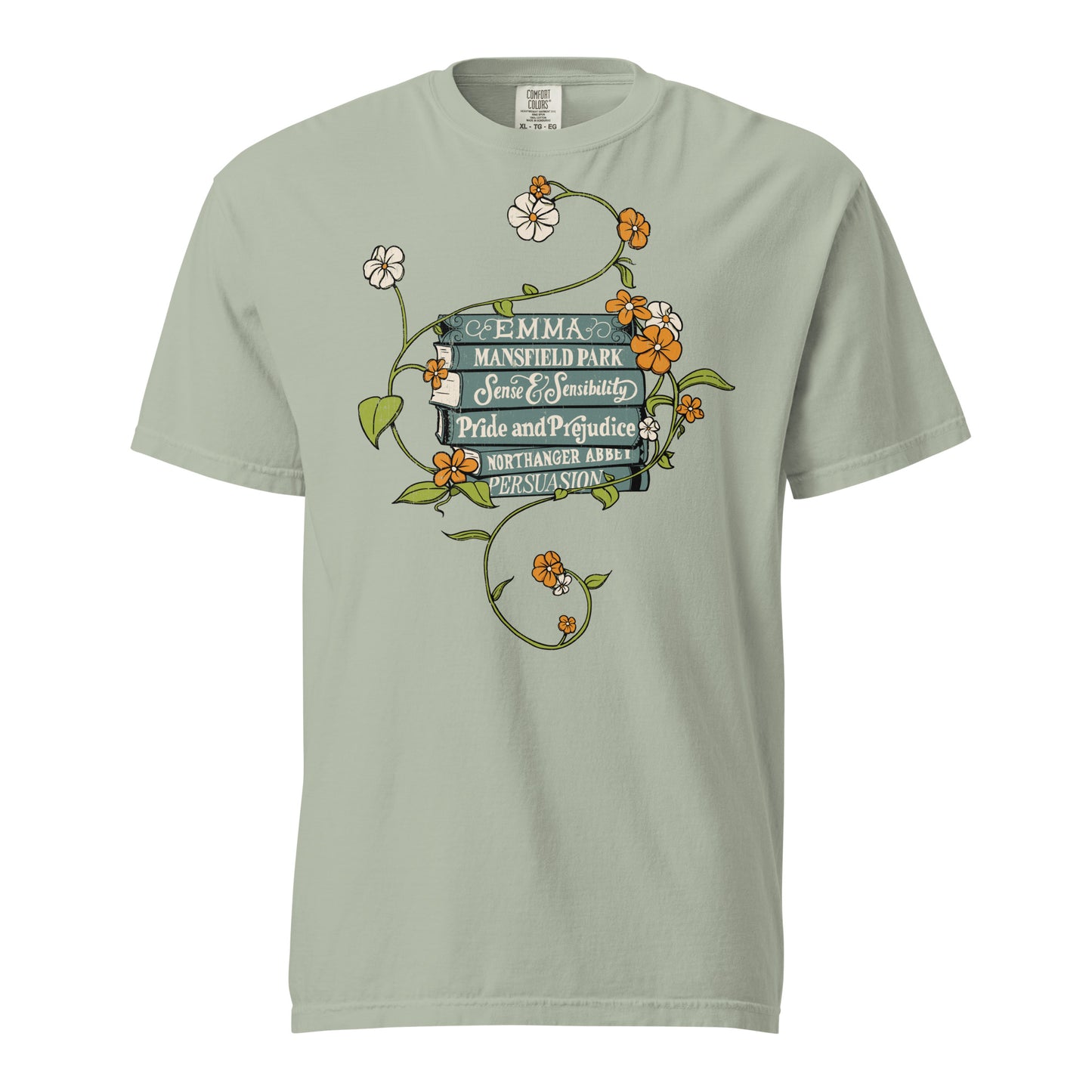 Bay Gray Comfort Colors T-shirt featuring all of Jane Austen's novels with teal covers and hand-type of each title, surrounded by a delicate floral design with white and orange flowers and green vines.
