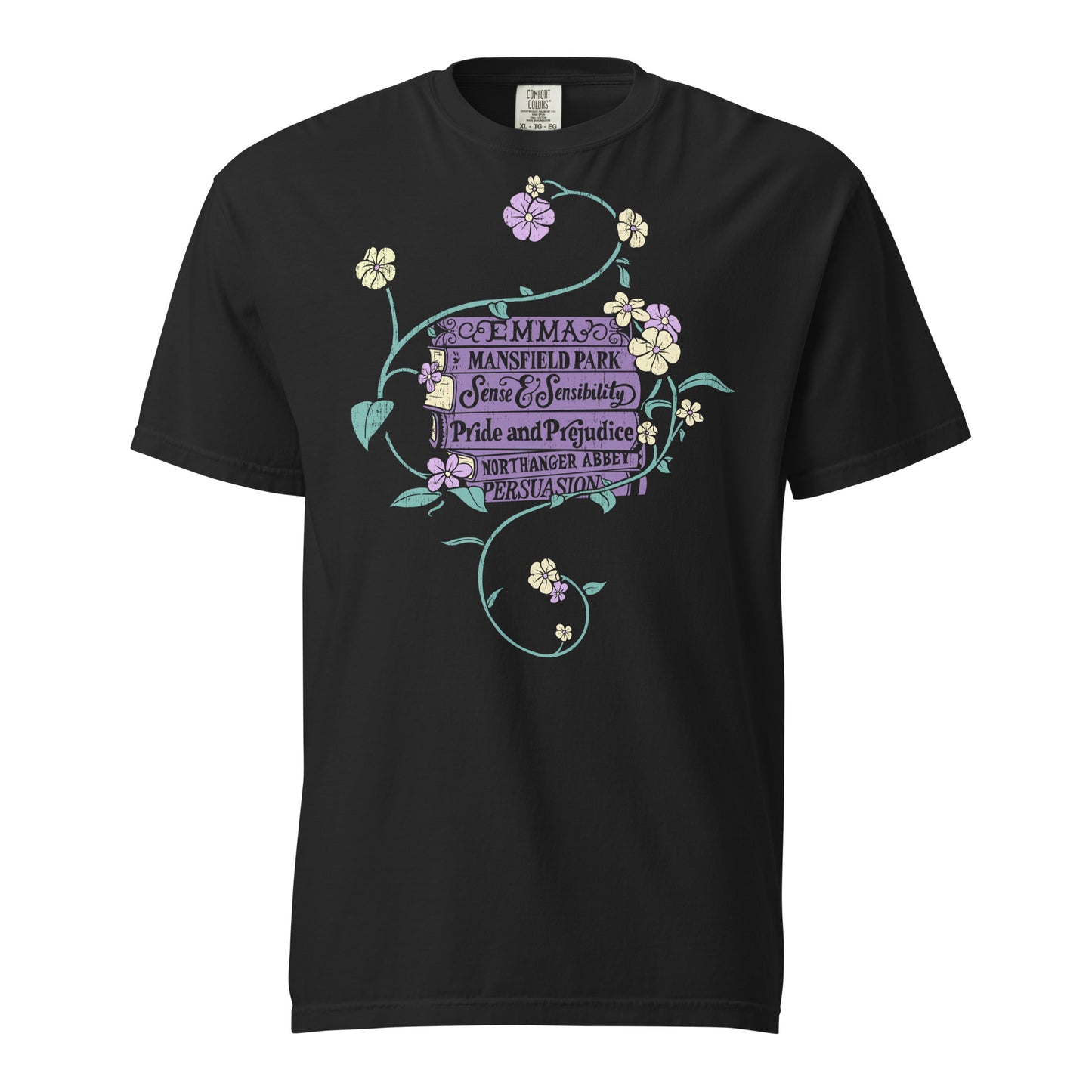 Black Comfort Colors T-shirt featuring all of Jane Austen's novels surrounded by a delicate floral design with white and purple flowers and green vines