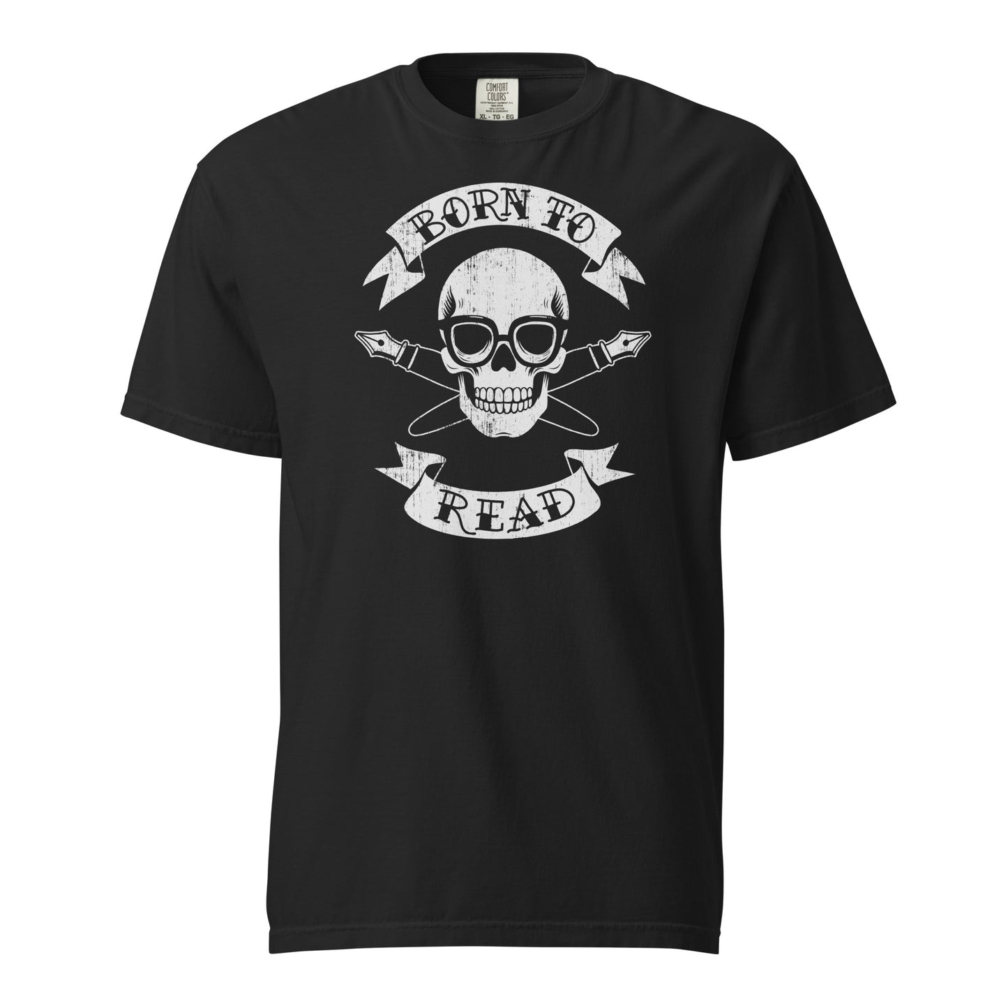 Black Comfort Colors T-shirt with a hand-drawn illustration of a skull and crossbones, except instead of crossbones, it has crossed pens and he's wearing nerdy glasses. The text is in a banner on top and bottom that reads "Born to Read"