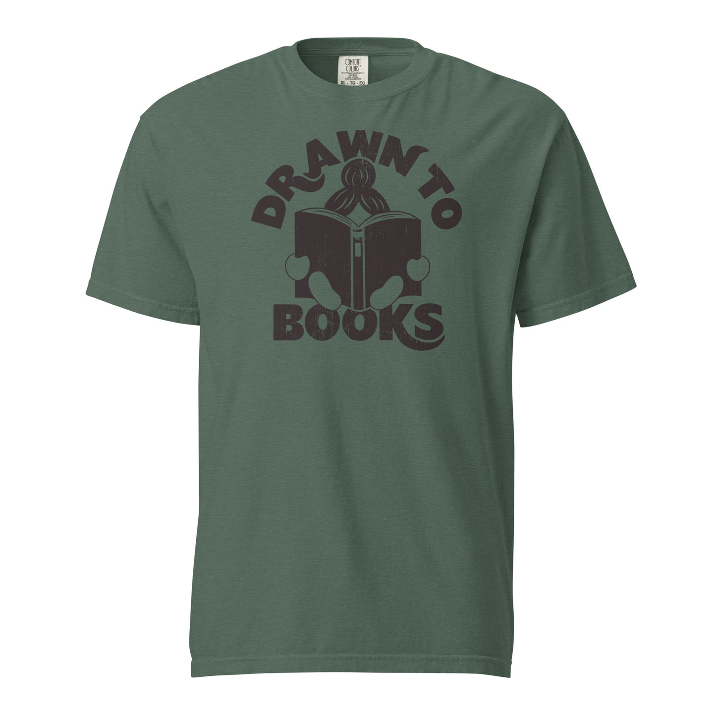 Blue Spruce Green t-shirt with Drawn to Books logo, text says "Drawn to Books" which is framed around a girl reading a book, and you can see only the top of her ponytail, hands and feet, and the big book she's reading.