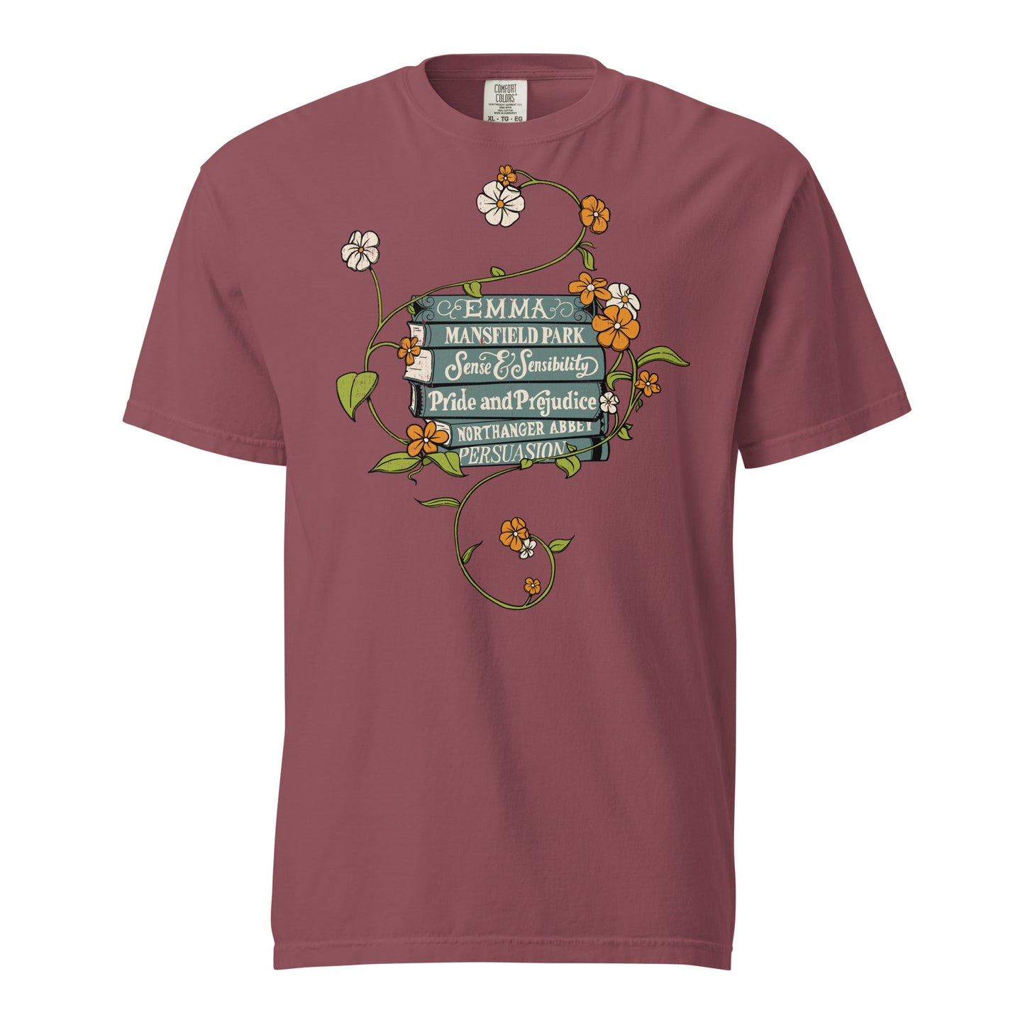 Brick Red Comfort Colors T-shirt featuring all of Jane Austen's novels with teal covers and hand-type of each title, surrounded by a delicate floral design with white and orange flowers and green vines.