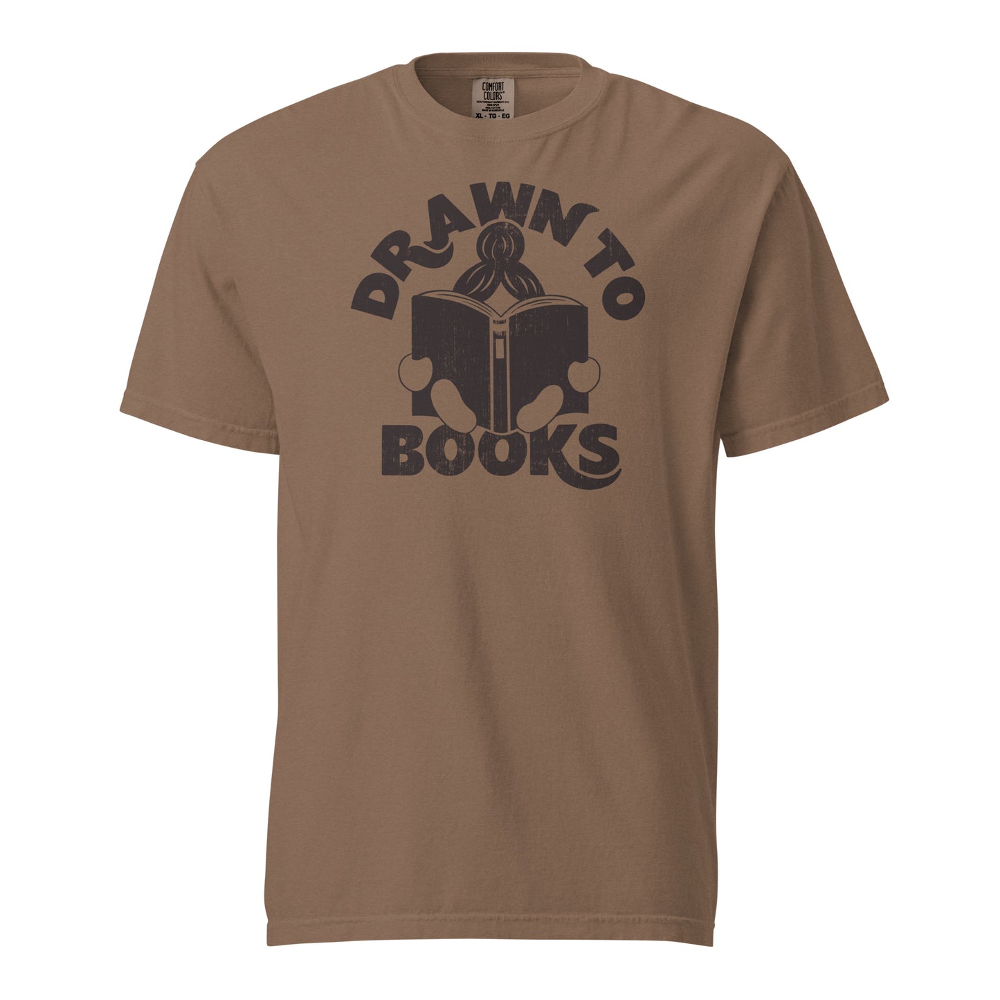 Espresso Brown t-shirt with Drawn to Books logo, text says "Drawn to Books" which is framed around a girl reading a book, and you can see only the top of her ponytail, hands and feet, and the big book she's reading.