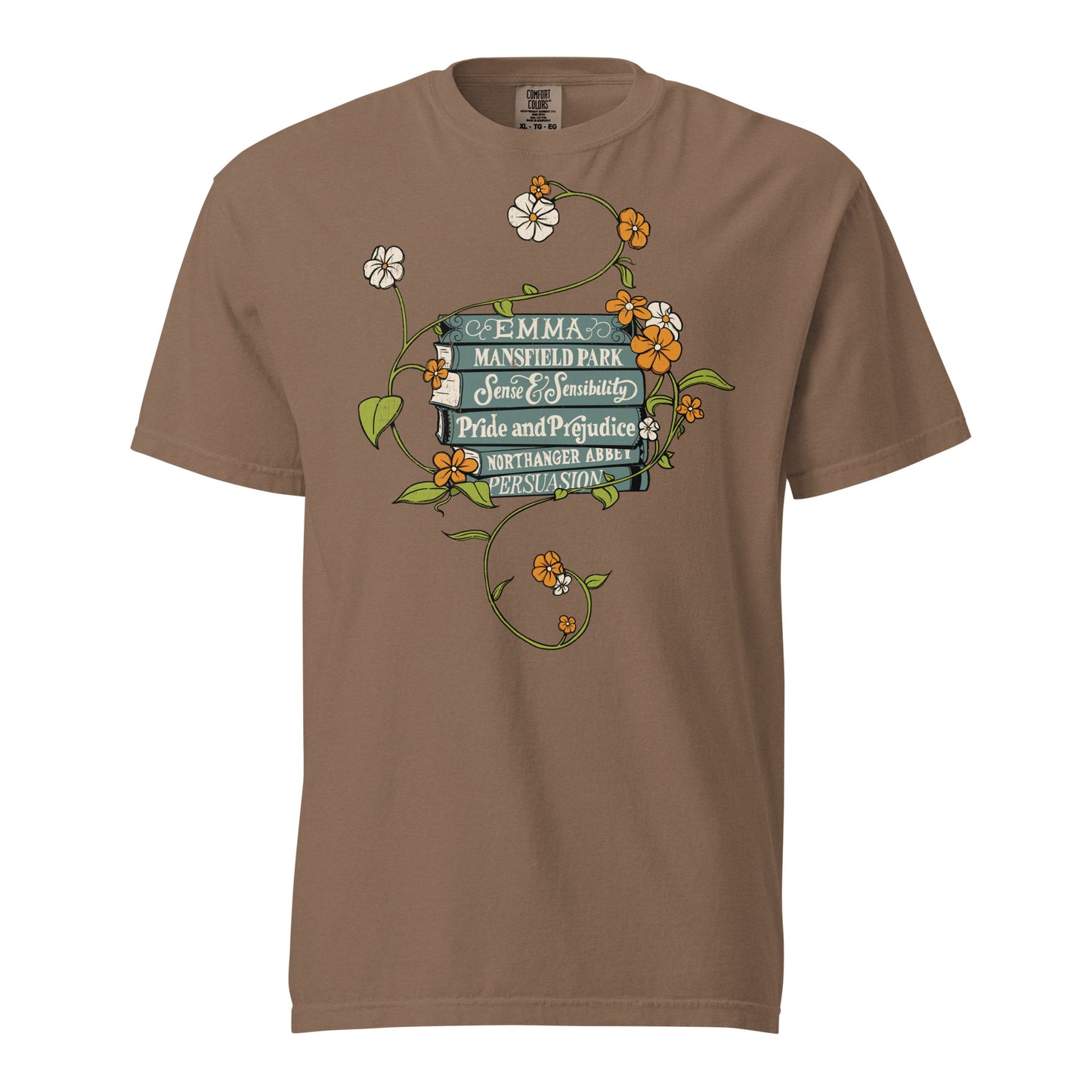 Espresso Brown Comfort Colors T-shirt featuring all of Jane Austen's novels with teal covers and hand-type of each title, surrounded by a delicate floral design with white and orange flowers and green vines.