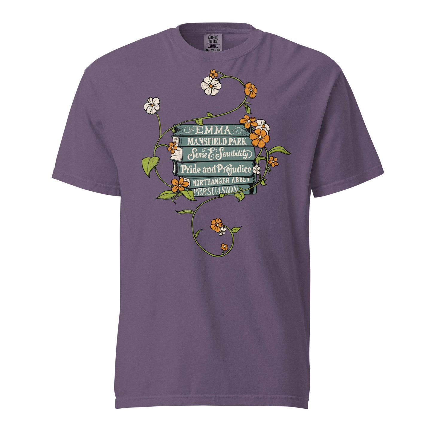 Grape Purple Comfort Colors T-shirt featuring all of Jane Austen's novels with teal covers and hand-type of each title, surrounded by a delicate floral design with white and orange flowers and green vines.