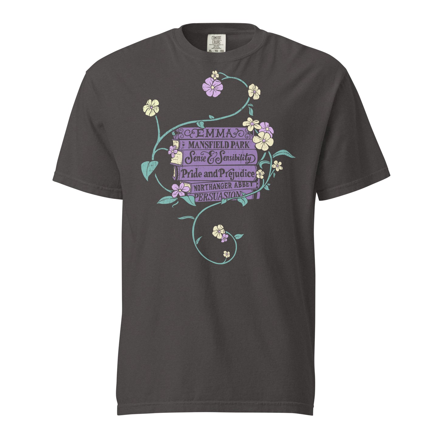 Graphite Comfort Colors T-shirt featuring all of Jane Austen's novels surrounded by a delicate floral design with white and purple flowers and green vines.