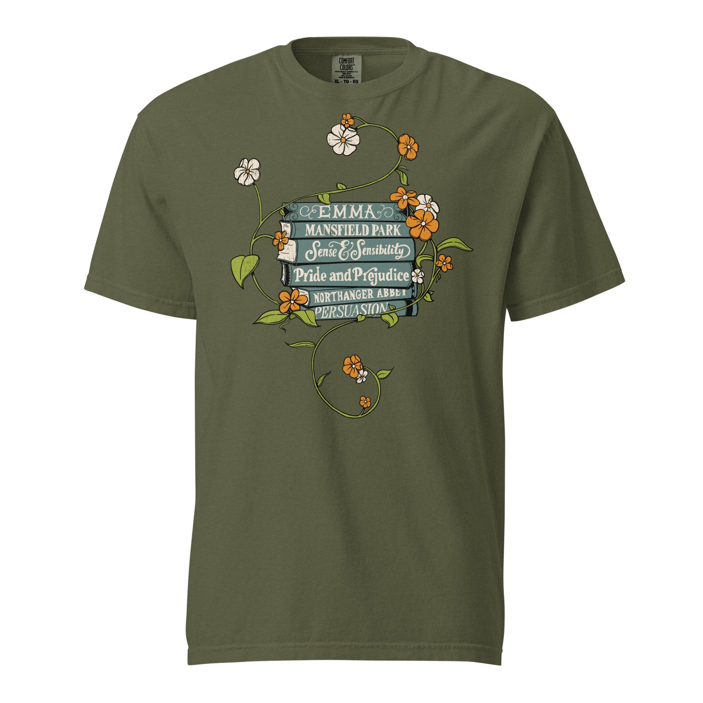 Hemp Green Comfort Colors T-shirt featuring all of Jane Austen's novels with teal covers and hand-type of each title, surrounded by a delicate floral design with white and orange flowers and green vines.