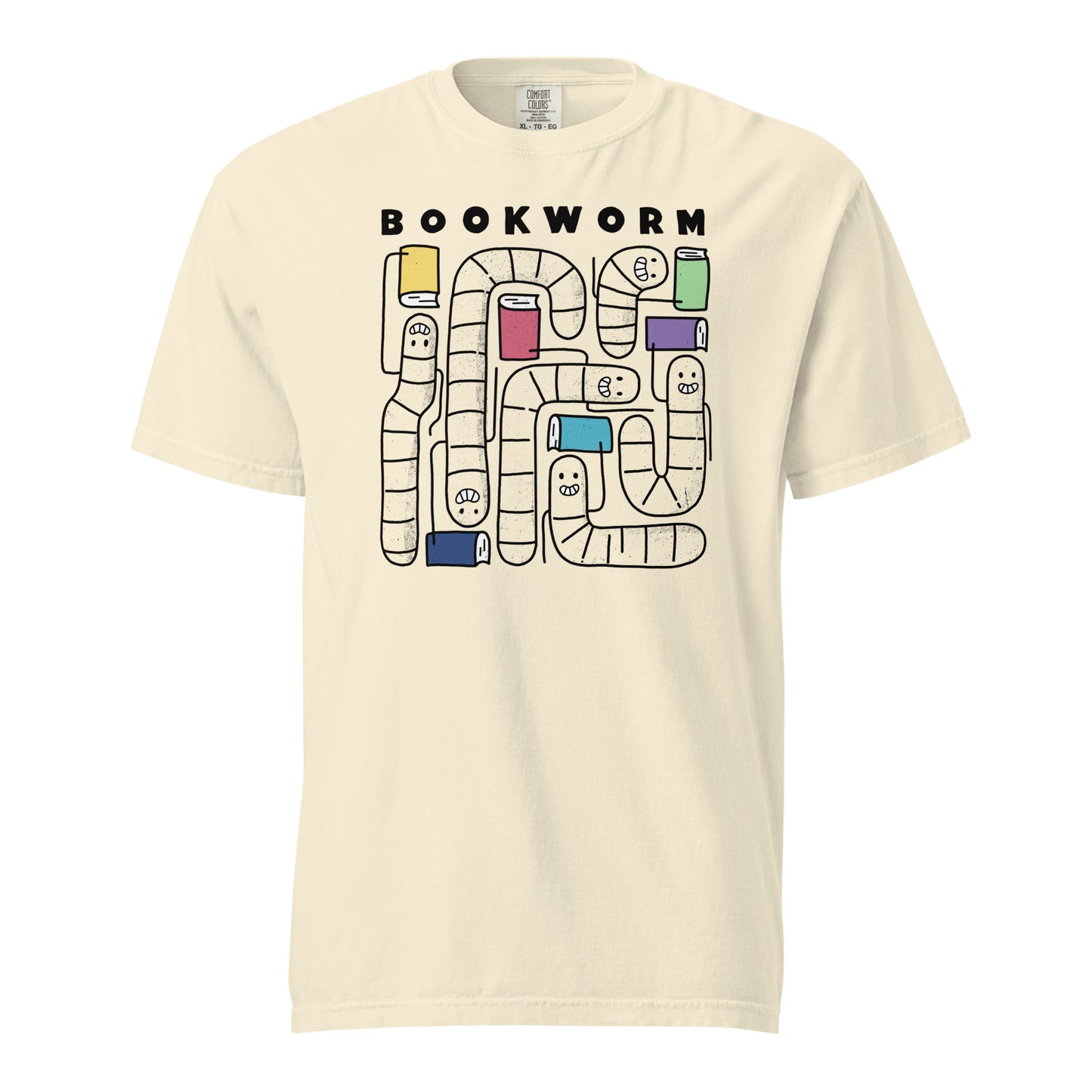 Ivory White Comfort Colors t-shirt with 'Bookworm' design, features a hand-drawn design with black outlined worms and happy faces . Each worm is holding up a book.