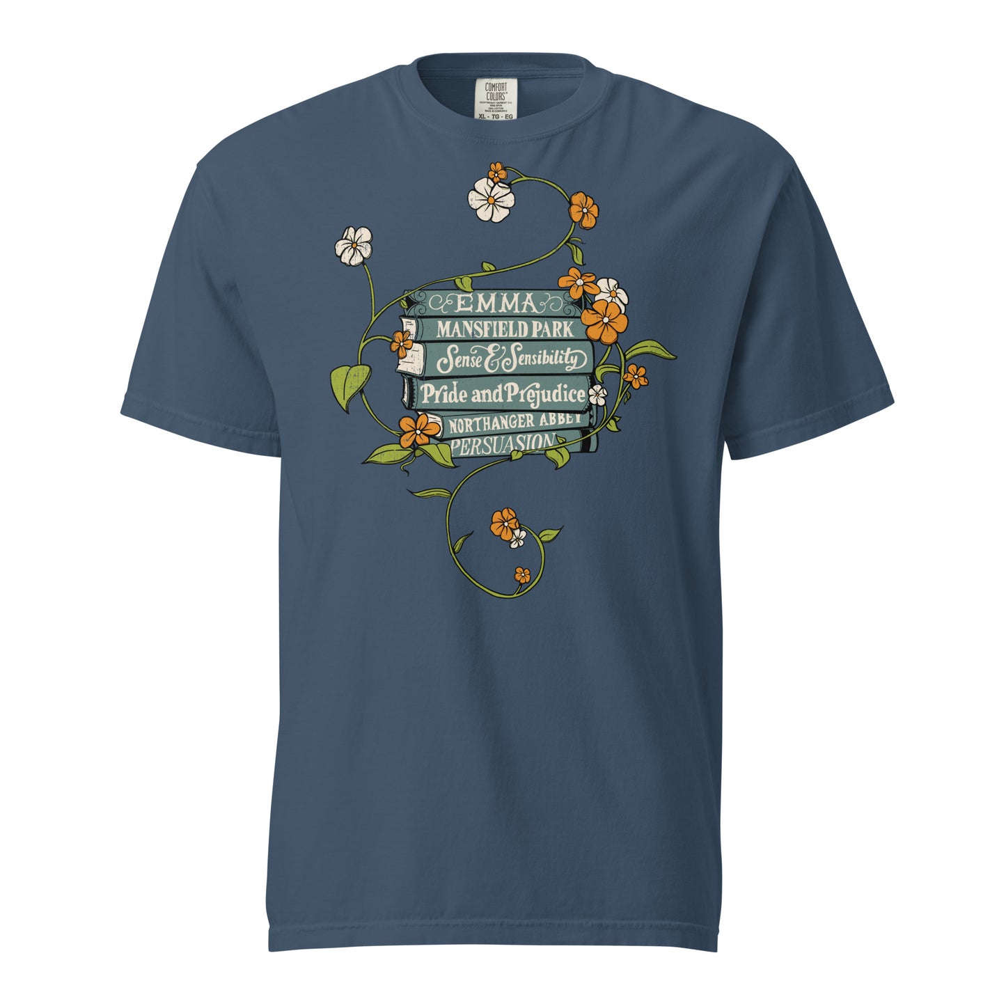 Midnight Blue Comfort Colors T-shirt featuring all of Jane Austen's novels with teal covers and hand-type of each title, surrounded by a delicate floral design with white and orange flowers and green vines.