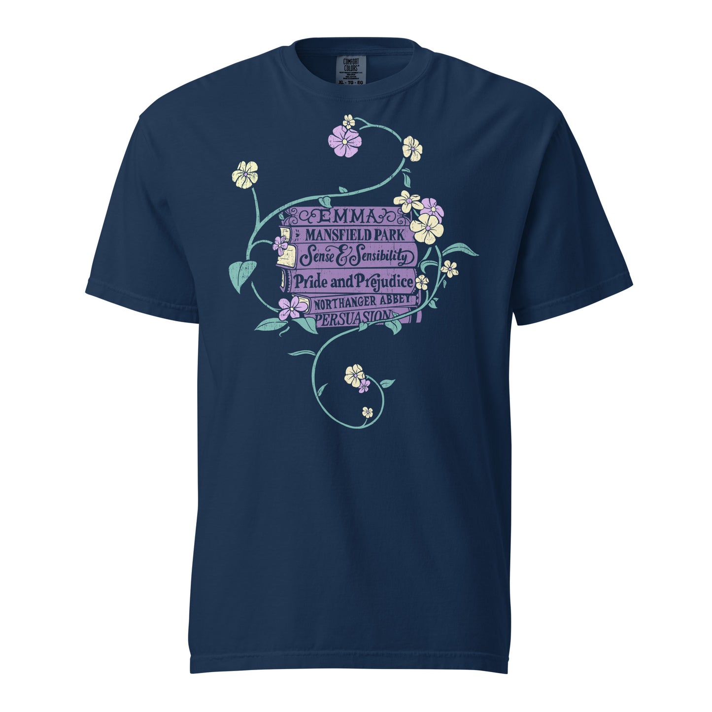 Navy Blue Comfort Colors T-shirt featuring all of Jane Austen's novels surrounded by a delicate floral design with white and purple flowers and green vines