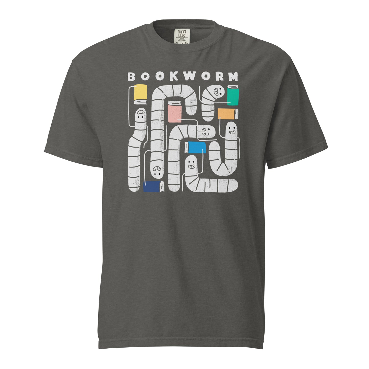 Pepper Gray t-shirt mockup with 'Bookworm' design, features a hand-drawn design with white worms and happy faces . Each worm is holding up a book.