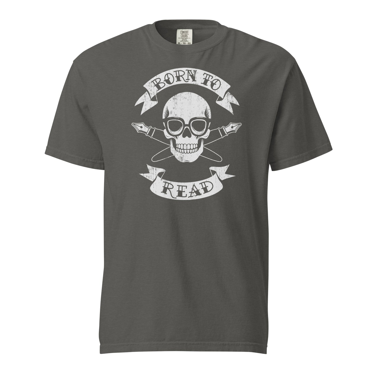 Pepper Gray Comfort Colors T-shirt with a hand-drawn illustration of a skull and crossbones, except instead of crossbones, it has crossed pens and he's wearing nerdy glasses. The text is in a banner on top and bottom that reads "Born to Read"