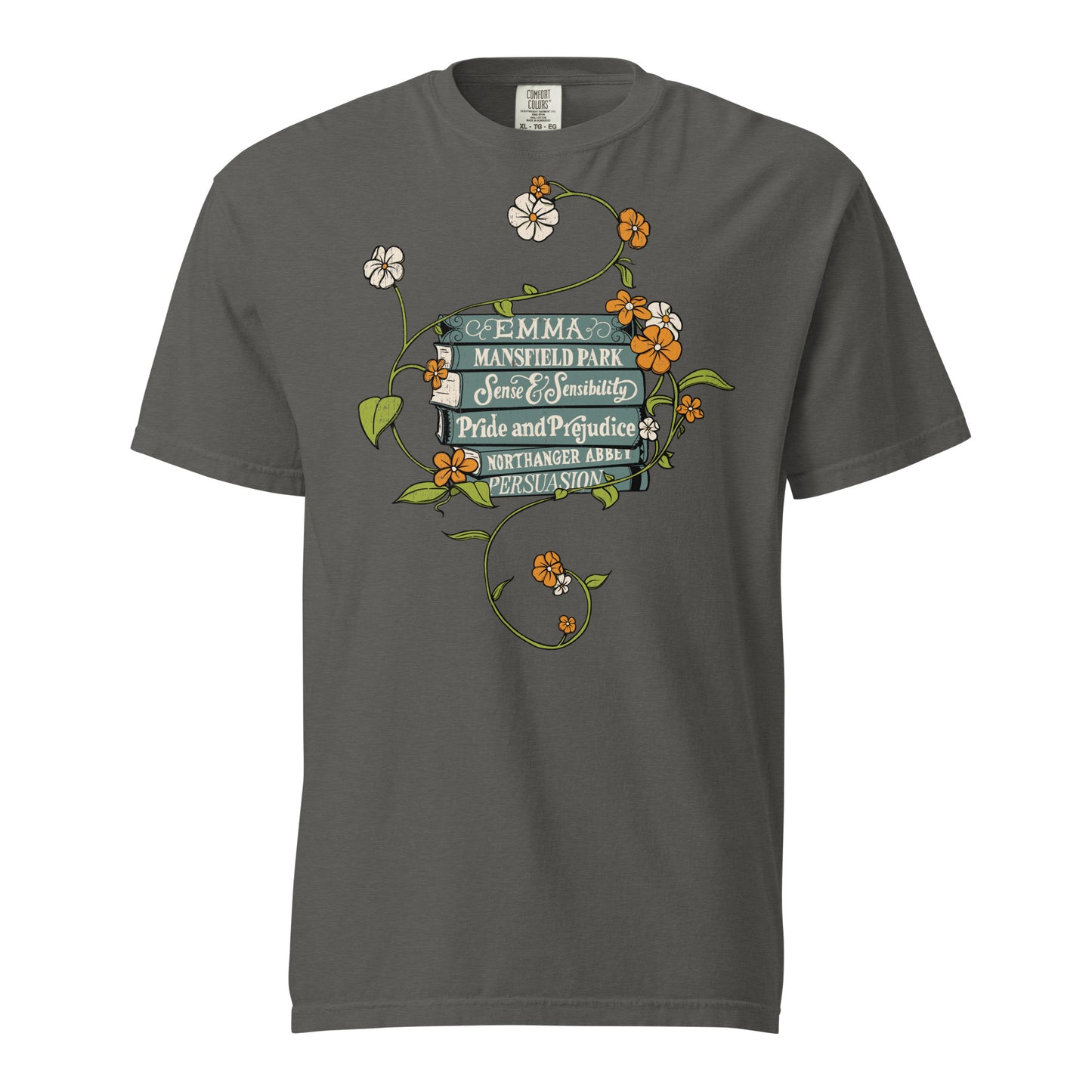 Pepper Gray Comfort Colors T-shirt featuring all of Jane Austen's novels with teal covers and hand-type of each title, surrounded by a delicate floral design with white and orange flowers and green vines.