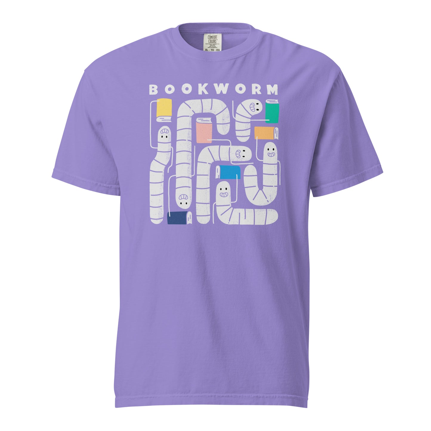 Violet Purple t-shirt mockup with 'Bookworm' design, features a hand-drawn design with white worms and happy faces . Each worm is holding up a book.