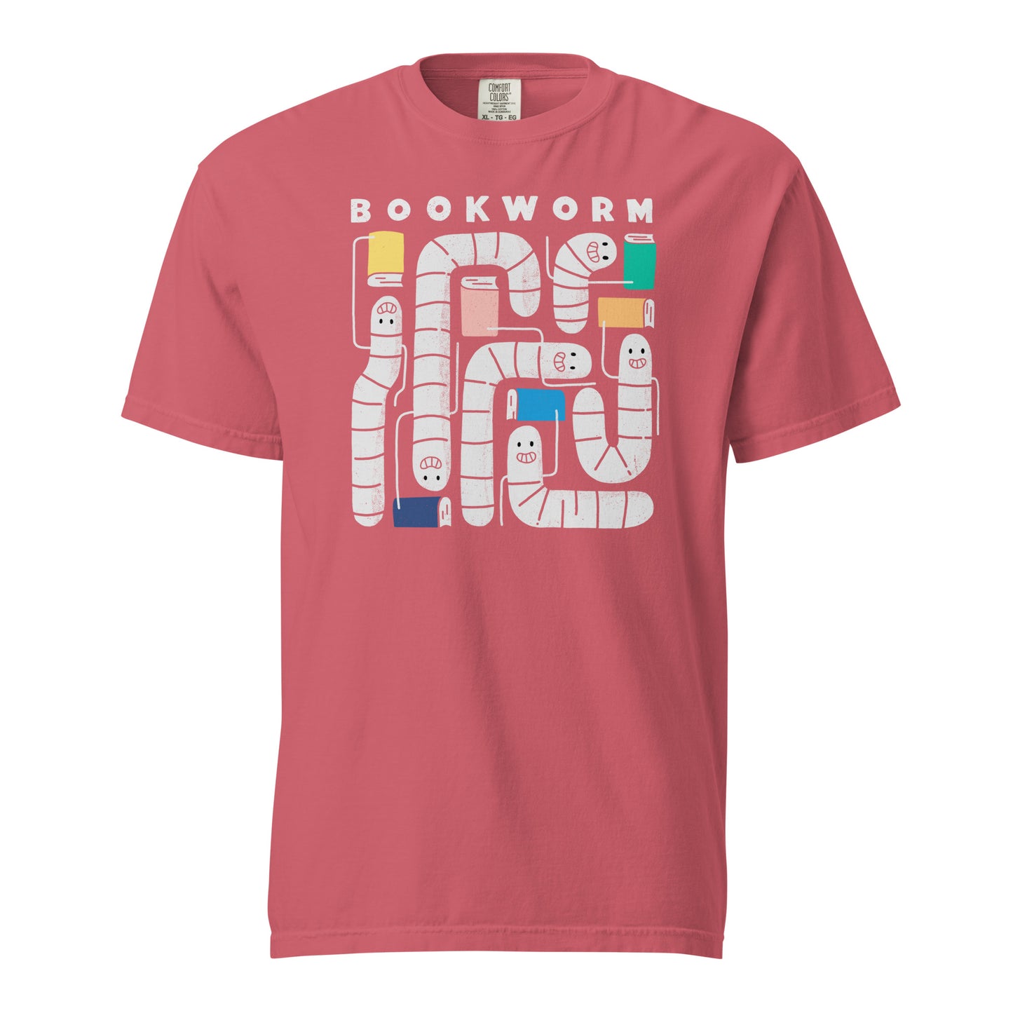 Watermelon t-shirt with 'Bookworm' design, features a hand-drawn design with white worms and happy faces . Each worm is holding up a book.