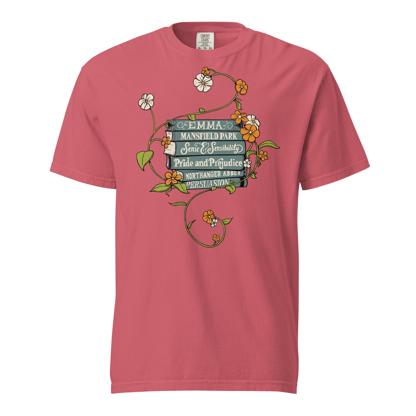 Watermelon Pink Comfort Colors T-shirt featuring all of Jane Austen's novels with teal covers and hand-type of each title, surrounded by a delicate floral design with white and orange flowers and green vines.