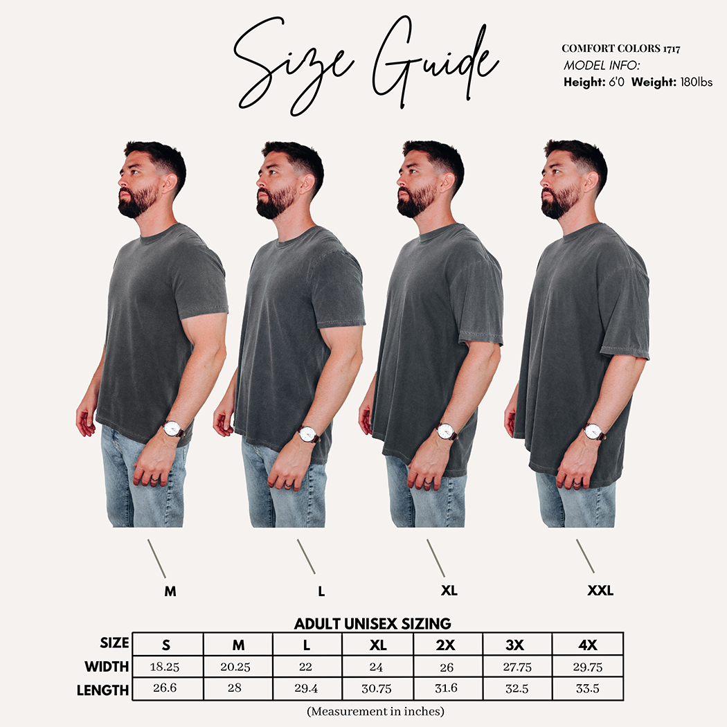 Comfort Colors Size guide with male model (6'0" 180 pounds) wearing shirts size M to 2XL