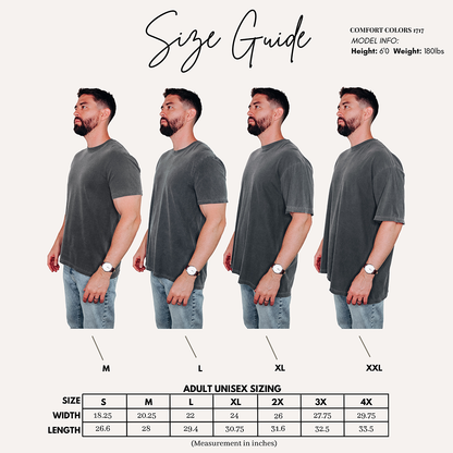 Comfort Colors Size guide with male model (6'0" 180 pounds) wearing shirts size M to 2XL