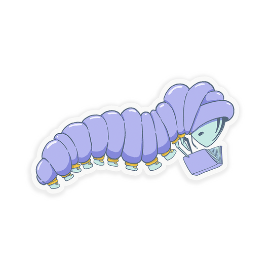 Caterpillar Reading in a Puffy Jacket Clear Vinyl Sticker Waterproof 3" X 1.7"