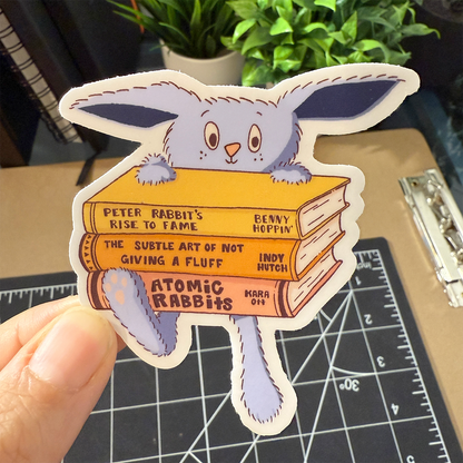 Jacques Rabbit and His Books Vinyl Sticker Waterproof 2.7"X 3"