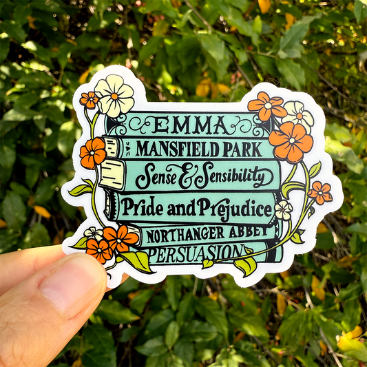 Jane Austen Book Stack Vinyl Sticker Waterproof 3" X 2.4"