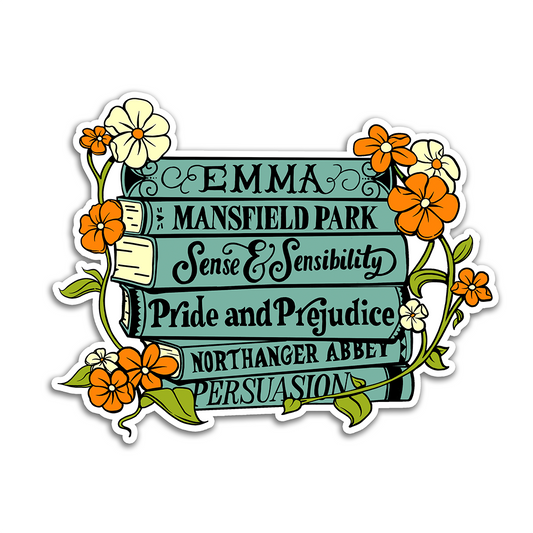 Jane Austen Book Stack Vinyl Sticker Waterproof 3" X 2.4"