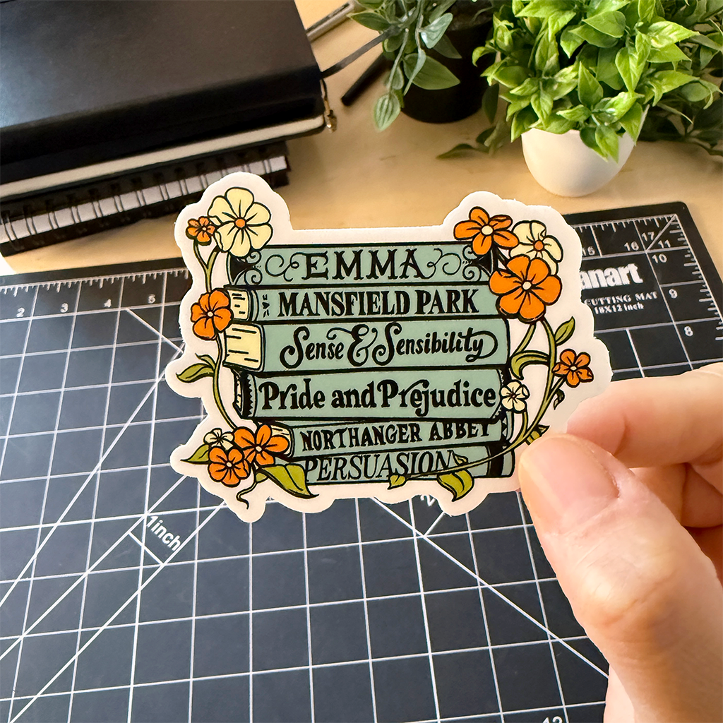 Jane Austen Book Stack Vinyl Sticker Waterproof 3" X 2.4"