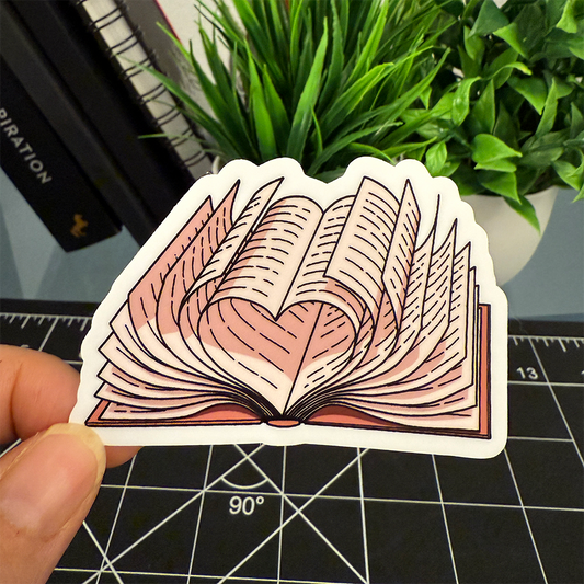 Pink Open Book Heart Vinyl Sticker Waterproof 3" X 2.17"