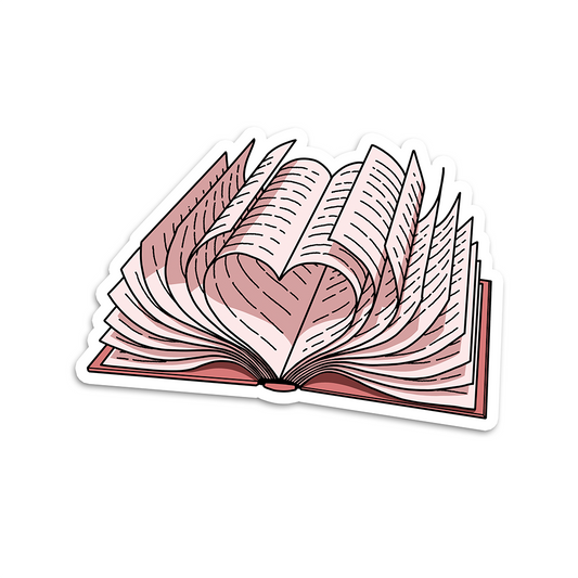 Pink Open Book Heart Vinyl Sticker Waterproof 3" X 2.17"