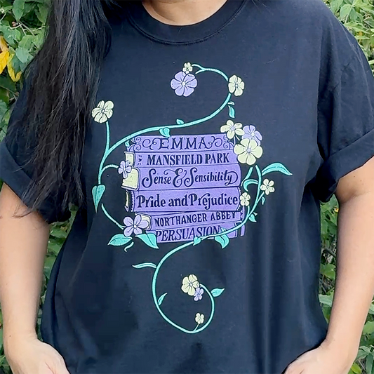 Jane Austen Book Stack T-Shirt Purple