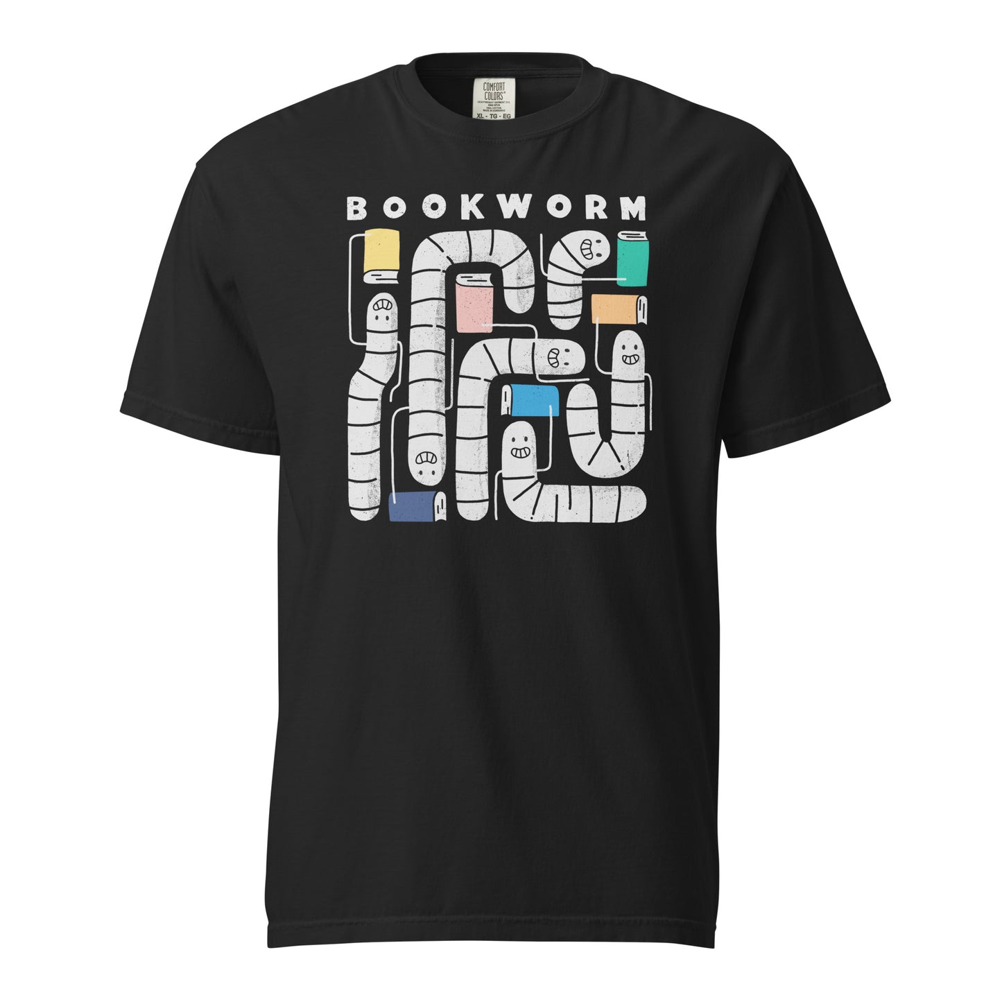 Black t-shirt mockup with 'Bookworm' design, features a hand-drawn design with white worms and happy faces . Each worm is holding up a book.