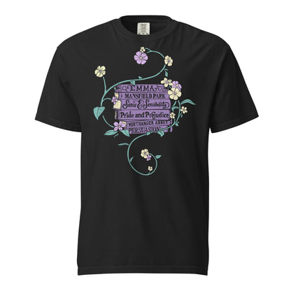 Black Comfort Colors T-shirt featuring all of Jane Austen's novels surrounded by a delicate floral design with white and purple flowers and green vines