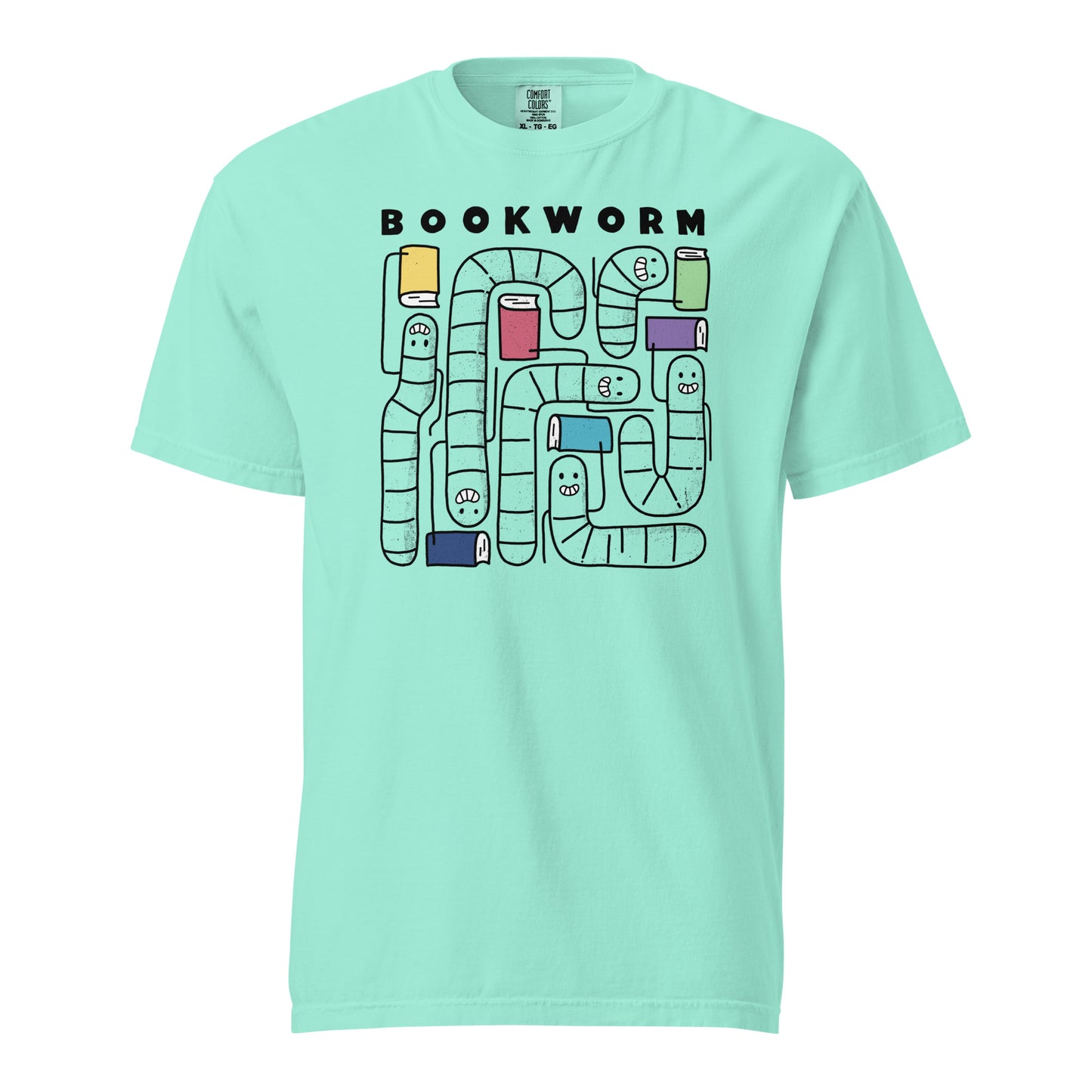 Chalky Mint Green Comfort Colors t-shirt with 'Bookworm' design, features a hand-drawn design with black outlined worms and happy faces . Each worm is holding up a book.