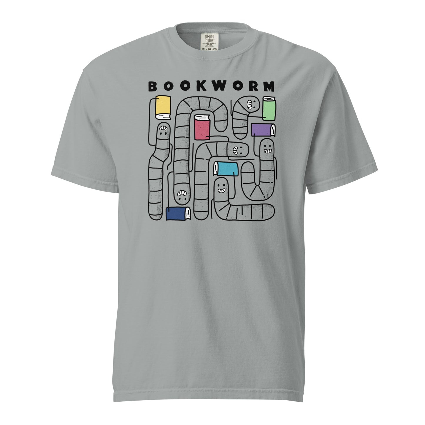 Granite Gray Comfort Colors t-shirt with 'Bookworm' design, features a hand-drawn design with black outlined worms and happy faces . Each worm is holding up a book.