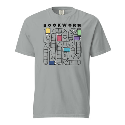 Granite Gray Comfort Colors t-shirt with 'Bookworm' design, features a hand-drawn design with black outlined worms and happy faces . Each worm is holding up a book.
