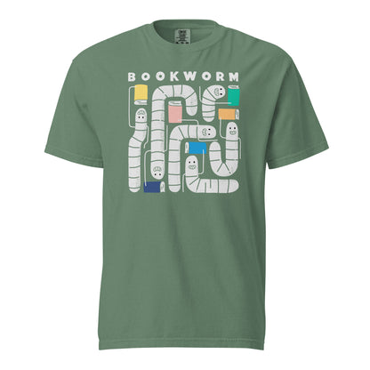 Light Green t-shirt with 'Bookworm' design, features a hand-drawn design with white worms and happy faces . Each worm is holding up a book.