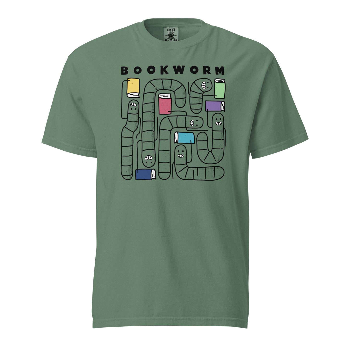 Light Green Comfort Colors t-shirt with 'Bookworm' design, features a hand-drawn design with black outlined worms and happy faces . Each worm is holding up a book.
