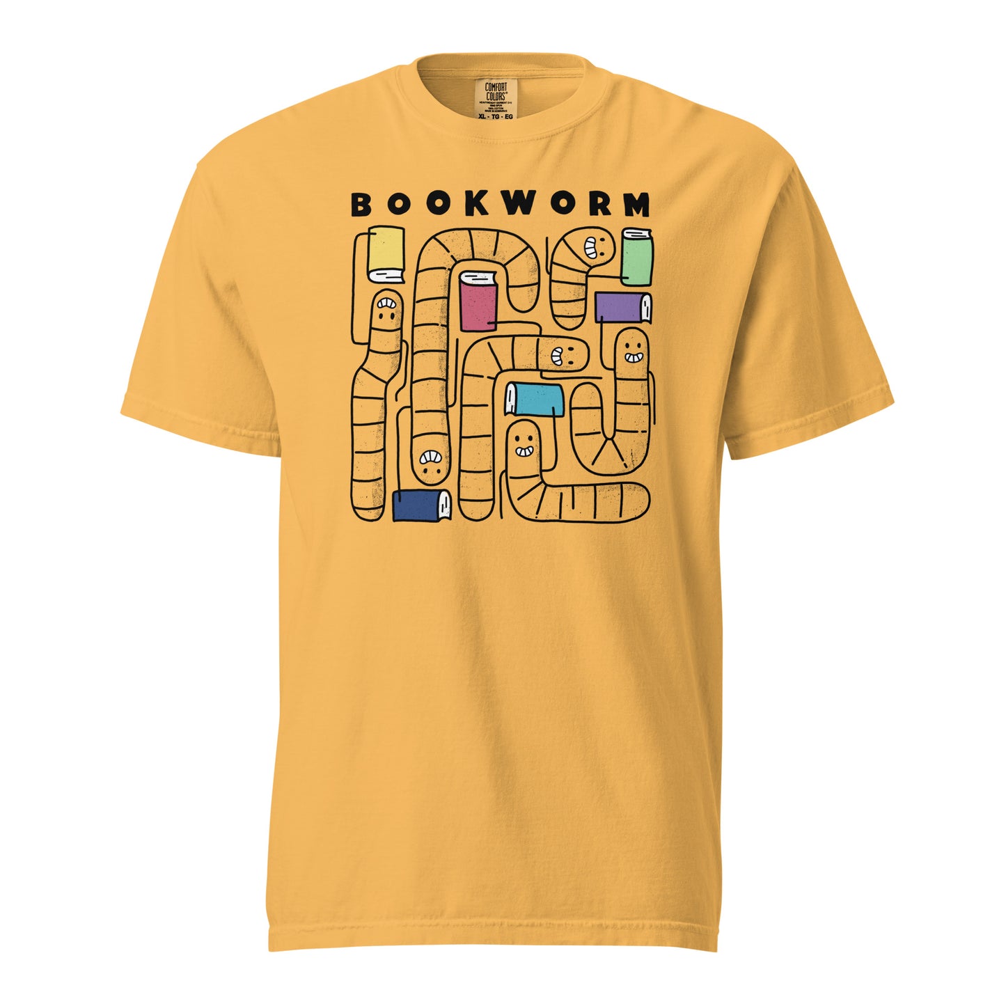 Mustard Yellow Comfort Colors t-shirt with 'Bookworm' design, features a hand-drawn design with black outlined worms and happy faces . Each worm is holding up a book.