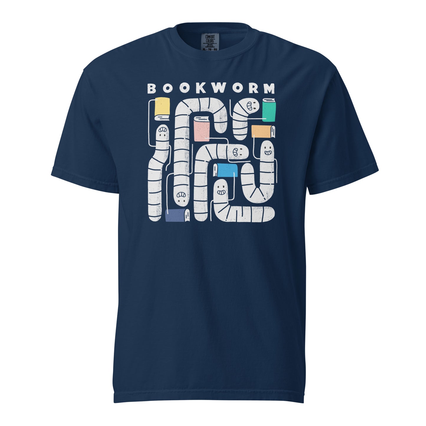 Navy Blue t-shirt with 'Bookworm' design, features a hand-drawn design with white worms and happy faces . Each worm is holding up a book.