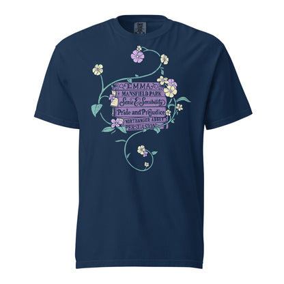 Navy Blue Comfort Colors T-shirt featuring all of Jane Austen's novels surrounded by a delicate floral design with white and purple flowers and green vines