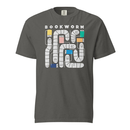 Pepper Gray t-shirt mockup with 'Bookworm' design, features a hand-drawn design with white worms and happy faces . Each worm is holding up a book.