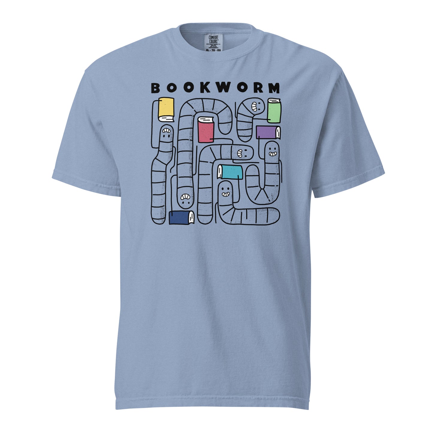 Washed Denim Blue gray Comfort Colors t-shirt with 'Bookworm' design, features a hand-drawn design with black outlined worms and happy faces . Each worm is holding up a book.