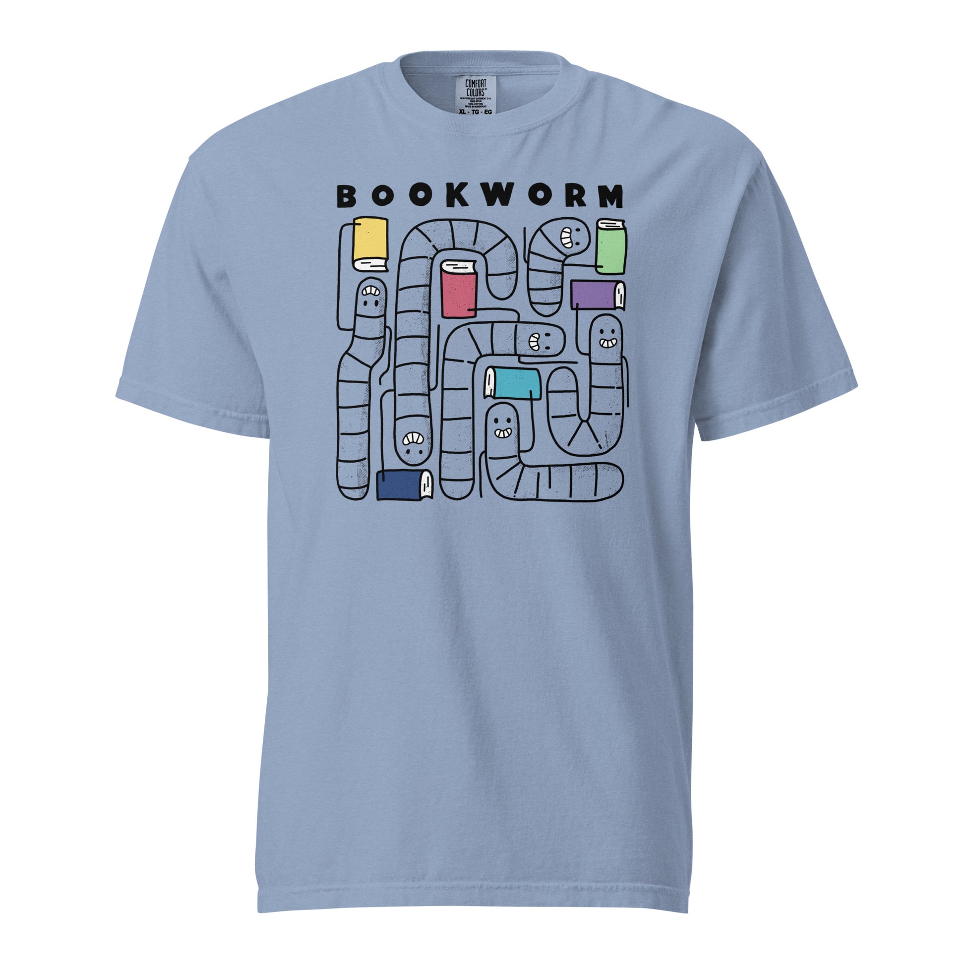 Washed Denim Blue gray Comfort Colors t-shirt with 'Bookworm' design, features a hand-drawn design with black outlined worms and happy faces . Each worm is holding up a book.