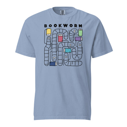 Washed Denim Blue gray Comfort Colors t-shirt with 'Bookworm' design, features a hand-drawn design with black outlined worms and happy faces . Each worm is holding up a book.