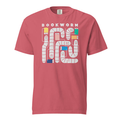 Watermelon t-shirt with 'Bookworm' design, features a hand-drawn design with white worms and happy faces . Each worm is holding up a book.